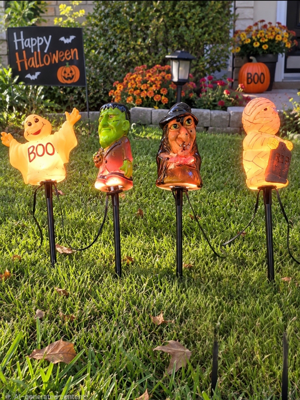 Festive Halloween Lawn Stake Lights - Orange & Green Characters